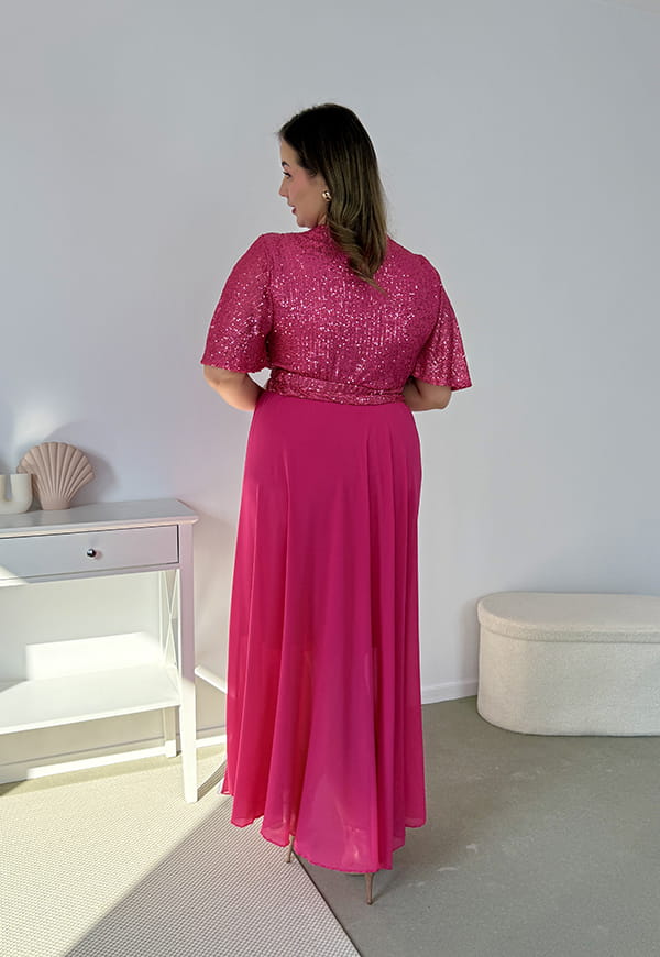 GRACY MAXI SUKIENKA DŁUGA PLUS SIZE Z SZYFONOWYM DOŁEM I CEKINAMI. FUKSJA 05 image 8