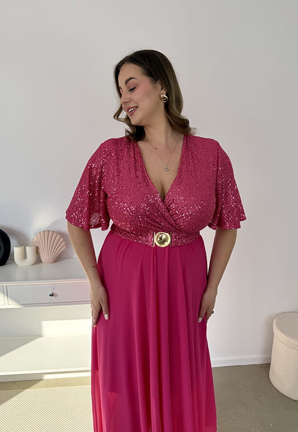 GRACY MAXI SUKIENKA DŁUGA PLUS SIZE Z SZYFONOWYM DOŁEM I CEKINAMI. FUKSJA 05 image 2