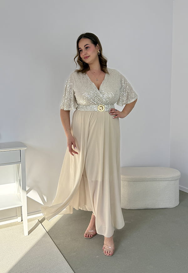 GRACY MAXI SUKIENKA DŁUGA PLUS SIZE Z SZYFONOWYM DOŁEM I CEKINAMI. SZAMPAŃSKA 03