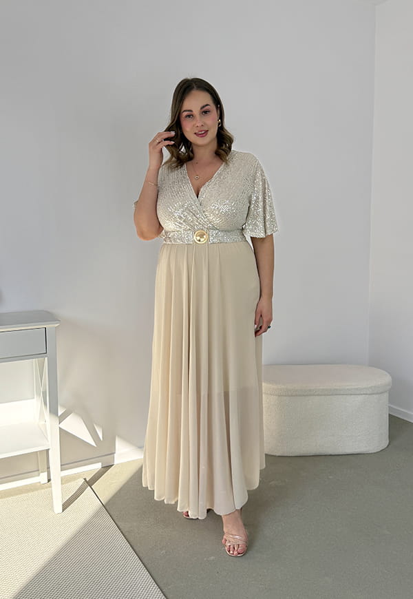 GRACY MAXI SUKIENKA DŁUGA PLUS SIZE Z SZYFONOWYM DOŁEM I CEKINAMI. SZAMPAŃSKA 03 image 3