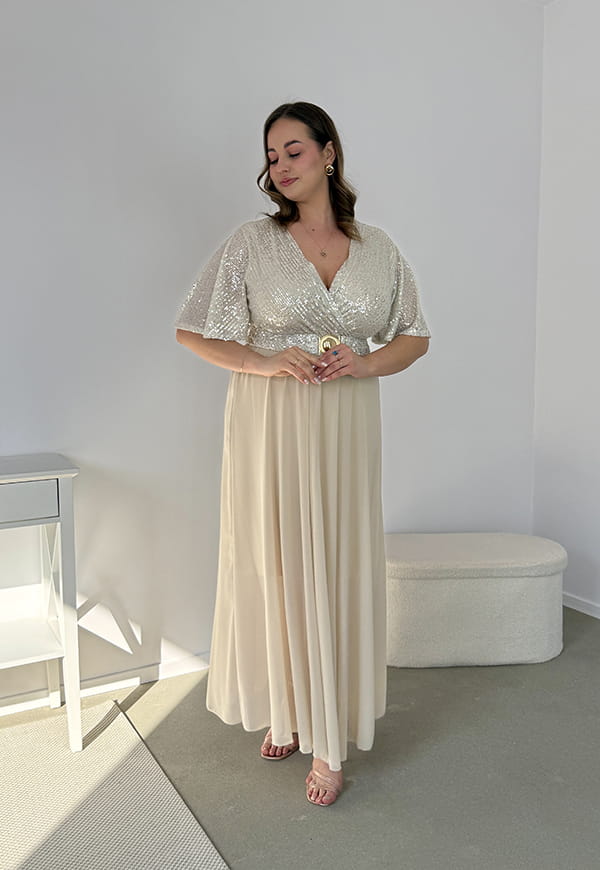 GRACY MAXI SUKIENKA DŁUGA PLUS SIZE Z SZYFONOWYM DOŁEM I CEKINAMI. SZAMPAŃSKA 03 image 5