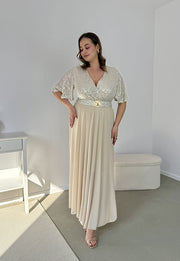 GRACY MAXI SUKIENKA DŁUGA PLUS SIZE Z SZYFONOWYM DOŁEM I CEKINAMI. SZAMPAŃSKA 03 image 4