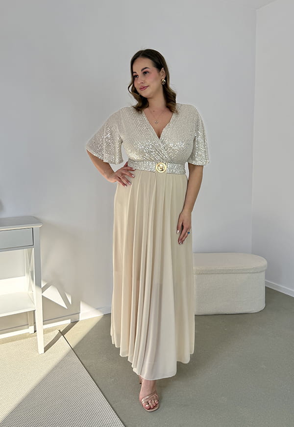 GRACY MAXI SUKIENKA DŁUGA PLUS SIZE Z SZYFONOWYM DOŁEM I CEKINAMI. SZAMPAŃSKA 03 image 8