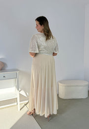 GRACY MAXI SUKIENKA DŁUGA PLUS SIZE Z SZYFONOWYM DOŁEM I CEKINAMI. SZAMPAŃSKA 03 image 7