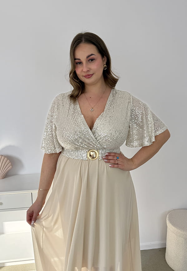 GRACY MAXI SUKIENKA DŁUGA PLUS SIZE Z SZYFONOWYM DOŁEM I CEKINAMI. SZAMPAŃSKA 03 image 2