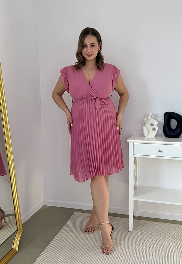 CLARET GŁADKA SUKIENKA PLISOWANA PLUS SIZE DO KOLAN. PUSTYNNY RÓŻ 05 image 3