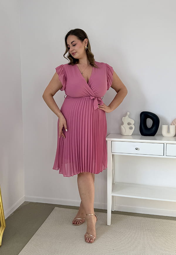 CLARET GŁADKA SUKIENKA PLISOWANA PLUS SIZE DO KOLAN. PUSTYNNY RÓŻ 05 image 5