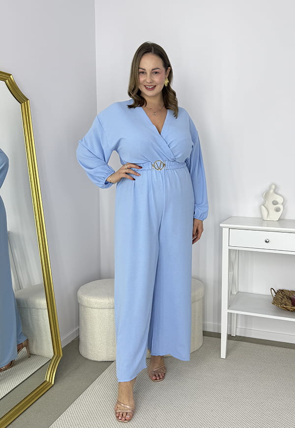 VALENCIA DŁUGI RĘKAW KOMBINEZON POWIĘKSZONY PLUS SIZE Z PASKIEM I DŁUGIMI NOGAWKAMI. BŁĘKIT 06