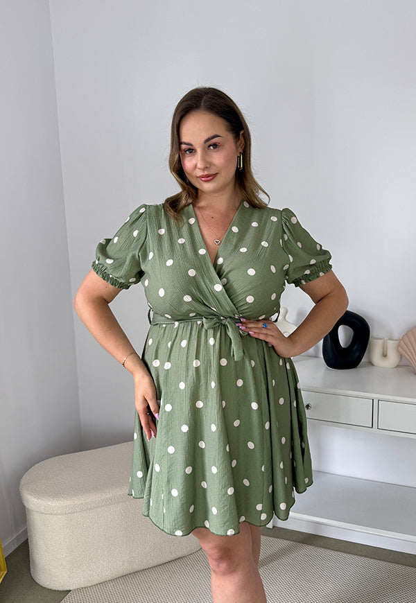 PEONY DOTT SUKIENKA PRZED KOLANO W GROSZKI MODELUJĄCA TALIĘ. OLIWKOWA 03 image 2