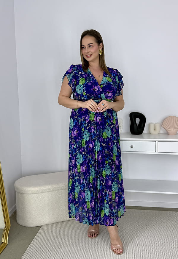 BELLA SUKIENKA MAXI PLUS SIZE  PLISOWANA W DUŻE KWIATY. GRANATOWO/TURKUSOWA 12 image 4