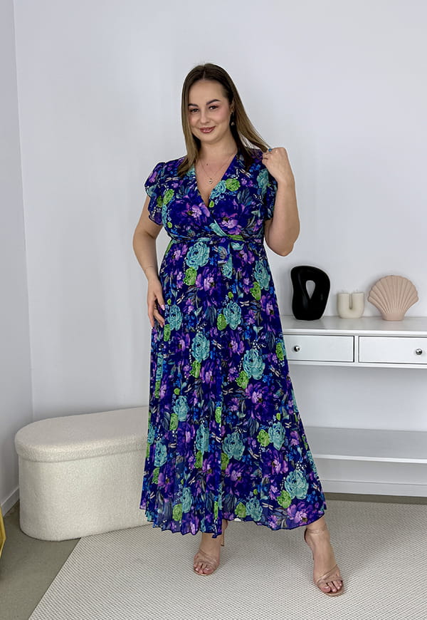 BELLA SUKIENKA MAXI PLUS SIZE  PLISOWANA W DUŻE KWIATY. GRANATOWO/TURKUSOWA 12 image 6