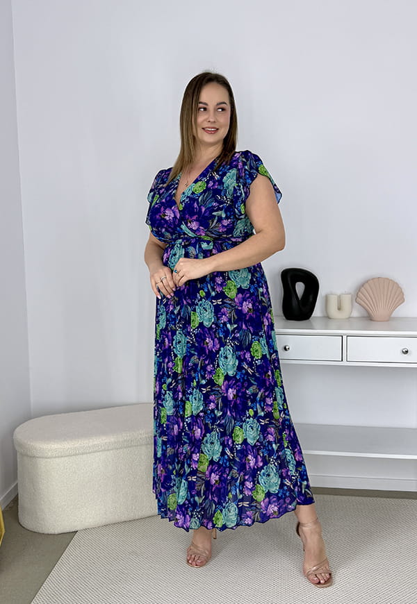 BELLA SUKIENKA MAXI PLUS SIZE  PLISOWANA W DUŻE KWIATY. GRANATOWO/TURKUSOWA 12 image 7