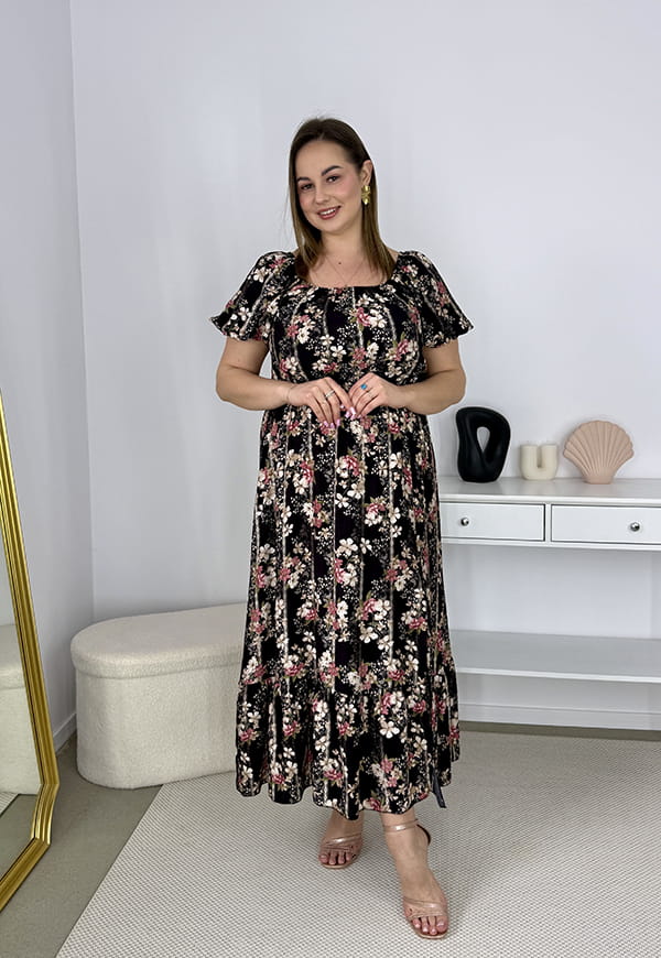 SANDY ROZKLOSZOWANA SUKIENKA MIDI HISZPANKA W KWIATY. CZARNA 01