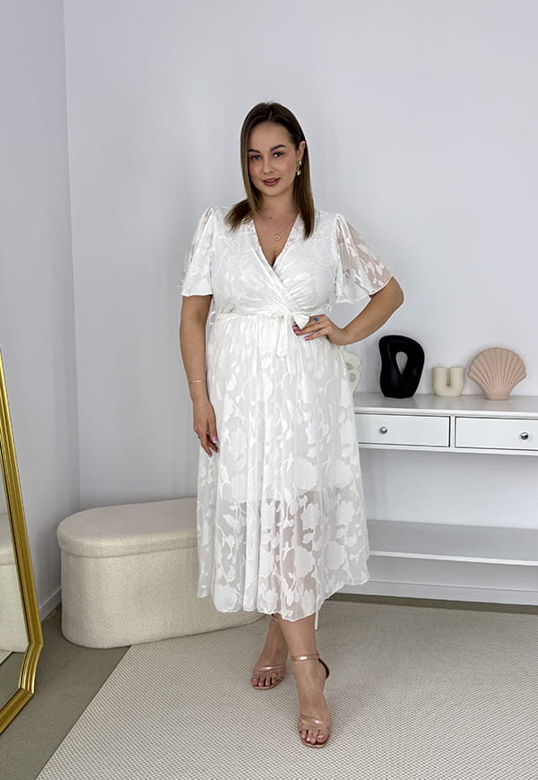 LUIZA  SZYFONOWA SUKIENKA MIDI ROZKLOSZOWANA Z OZDOBNYM HAFTEM. BIAŁA 03 image 3