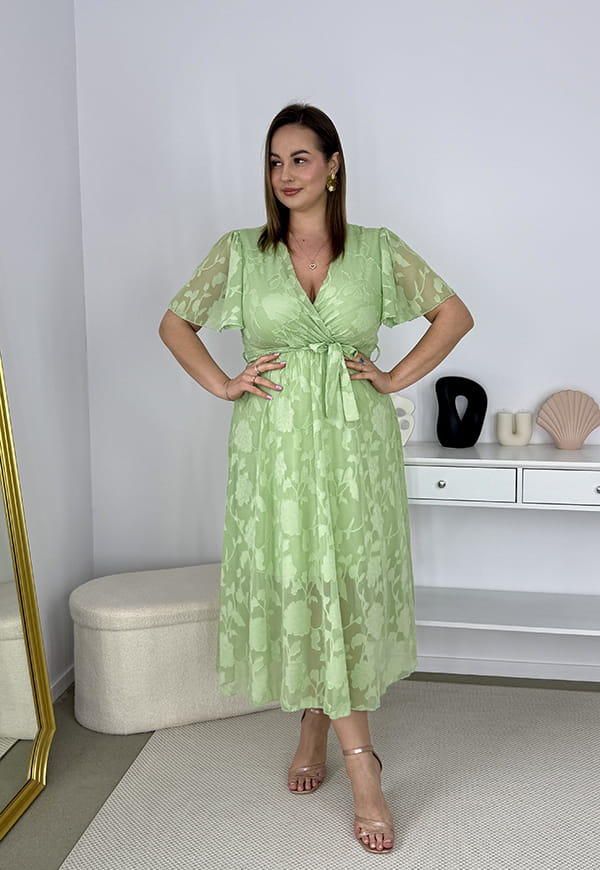 LUIZA  SZYFONOWA SUKIENKA MIDI ROZKLOSZOWANA Z OZDOBNYM HAFTEM. PISTACJA 05