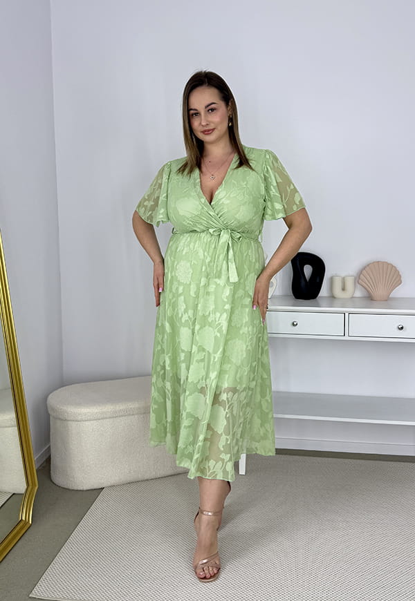 LUIZA  SZYFONOWA SUKIENKA MIDI ROZKLOSZOWANA Z OZDOBNYM HAFTEM. PISTACJA 05 image 5