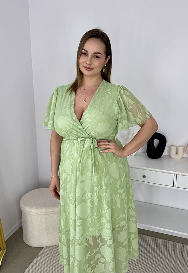 LUIZA  SZYFONOWA SUKIENKA MIDI ROZKLOSZOWANA Z OZDOBNYM HAFTEM. PISTACJA 05 image 2