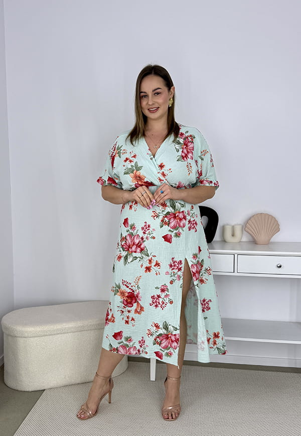 XENIA MUŚLINOWA SUKIENKA Z ROZKLOSZOWANYM DOŁEM W KWIATY . MIĘTOWA 02 image 7