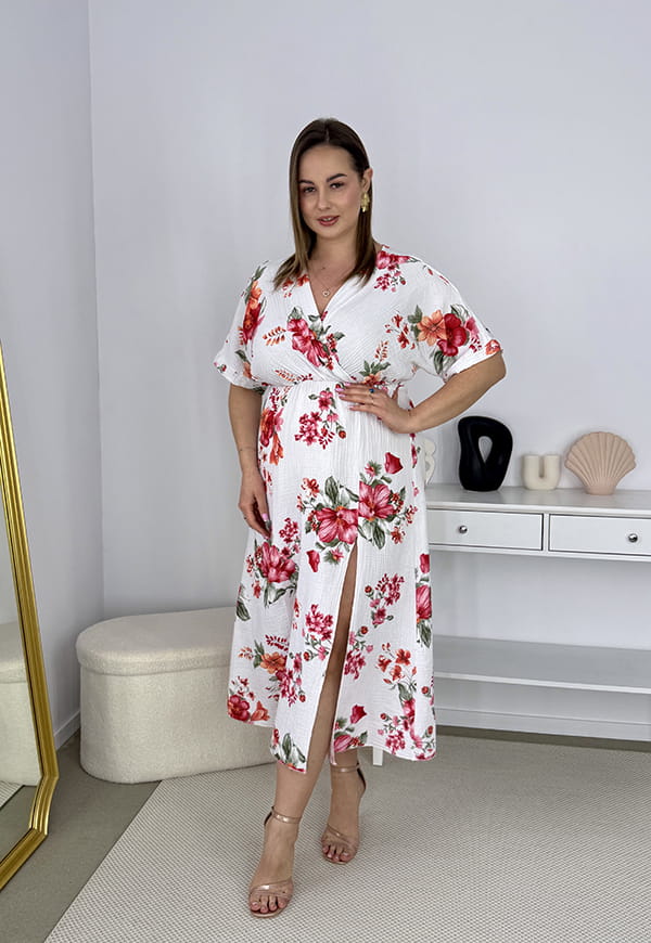 XENIA MUŚLINOWA SUKIENKA Z ROZKLOSZOWANYM DOŁEM W KWIATY . BIAŁA 03 image 4