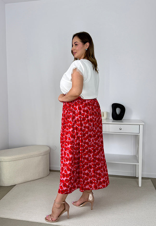 CASSIE SPÓDNICA MIDI Z WISKOZY WYSMUKLAJĄCA BIODRA. CZERWNO/RÓŻOWE MAKI 04 image 5