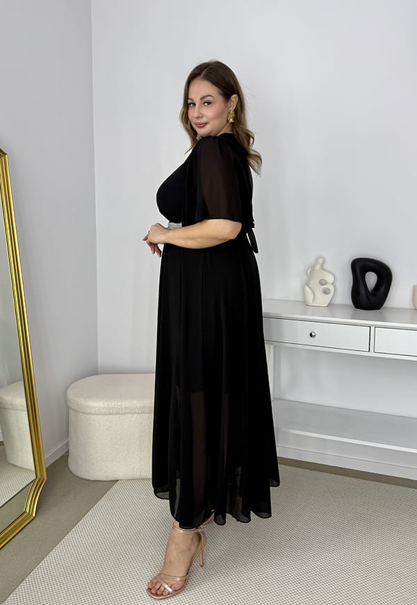 SOFIA DŁUGA SZYFONOWA SUKIENKA MAXI ROZKLOSZOWANA Z OZDOBNYM PASKIEM. CZARNA 04 image 8
