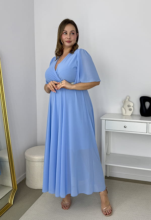 SOFIA DŁUGA SZYFONOWA SUKIENKA MAXI ROZKLOSZOWANA Z OZDOBNYM PASKIEM. BŁĘKIT 07 image 6