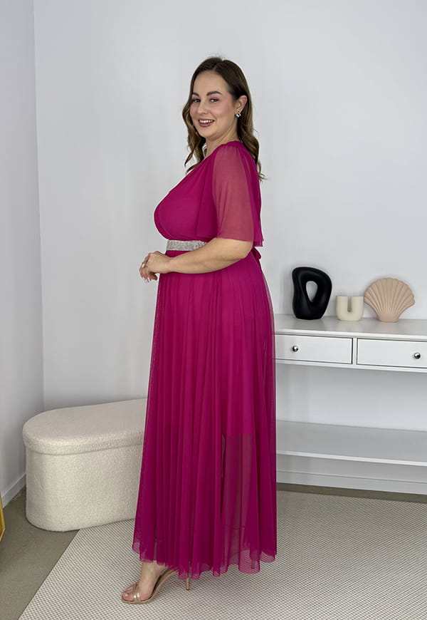 DORA II MAXI TIULOWA DŁUGA SUKIENKA Z SIATECZKI OZDOBNYM PASKIEM. FUKSJA 07 image 7