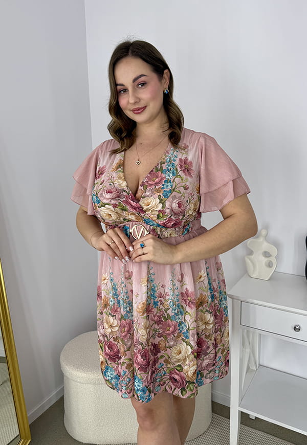 SUZANA SUKIENKA MINI Z OZDOBNYM PASKIEM W KWIATY. PUDROWY RÓŻ 02 image 10
