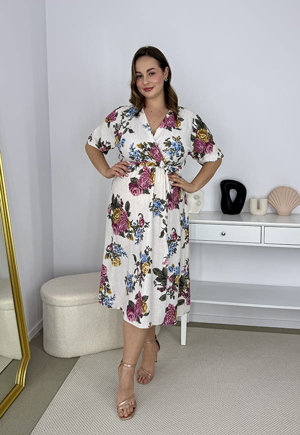 CARMEN  II Z KRÓTKIM RĘKAWEM SUKIENKA MIDI PLUS SIZE W KWIATY. KREMOWA W HAFTOWANY WZÓR 15 image 6
