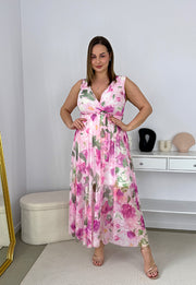 SIMONA DŁUGA SUKIENKA PLUS SIZE Z ELASTYCZNEJ SIATECZKI NA RAMIACZKACH. BIAŁO/RÓŻOWE KWIATY 04 image 4