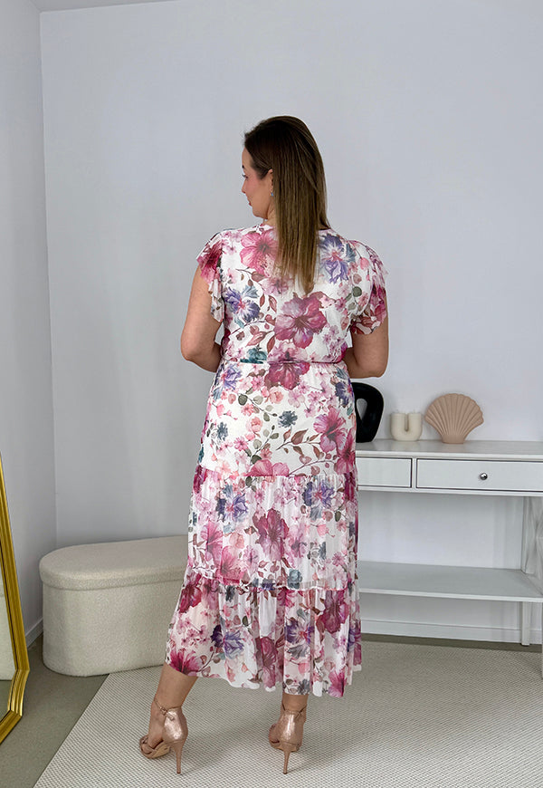 ALISON DŁUGA SUKIENKA PLUS SIZE Z ELASTYCZNEJ SIATECZKI  W KWIATY.  BIAŁA W HIBISKUS 03 image 8