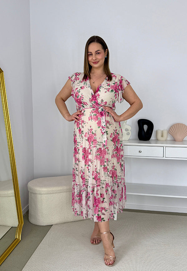 ALISON DŁUGA SUKIENKA PLUS SIZE Z ELASTYCZNEJ SIATECZKI  W KWIATY.  BIAŁO/RÓŻOWA 01 image 9
