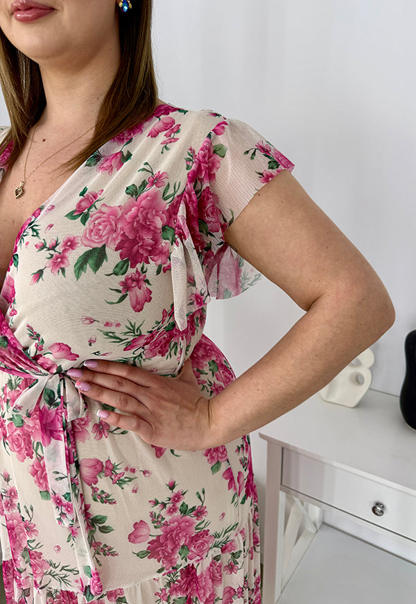 ALISON DŁUGA SUKIENKA PLUS SIZE Z ELASTYCZNEJ SIATECZKI  W KWIATY.  BIAŁO/RÓŻOWA 01 image 6