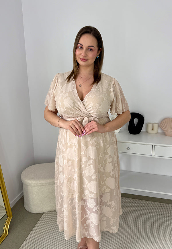 LUIZA SZYFONOWA SUKIENKA MIDI ROZKLOSZOWANA Z OZDOBNYM HAFTEM. BEŻOWA 01 image 2