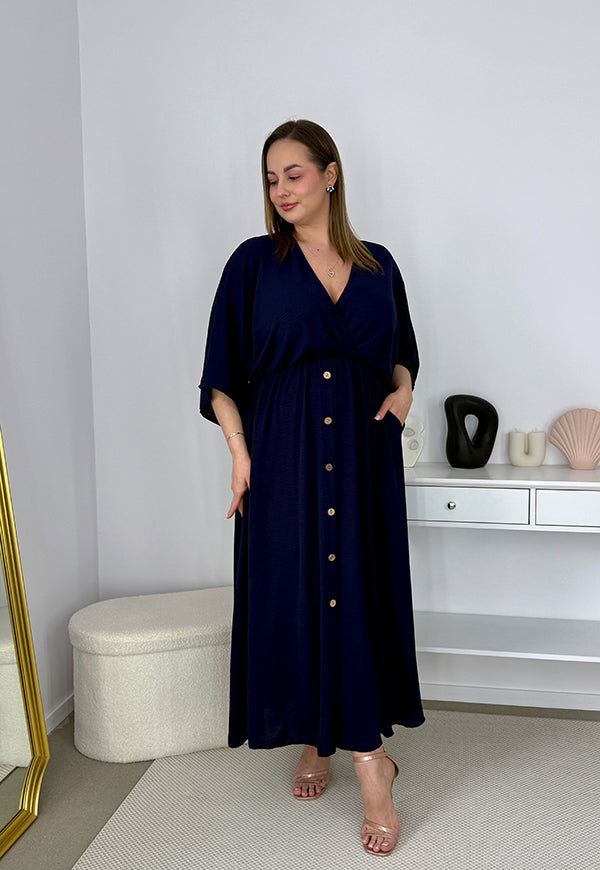 GRETA GŁADKA SUKIENKA PLUS SIZE Z ROZKLOSZOWANYM DOŁEM I GUZIKAMI. GRANATOWA 03 image 4