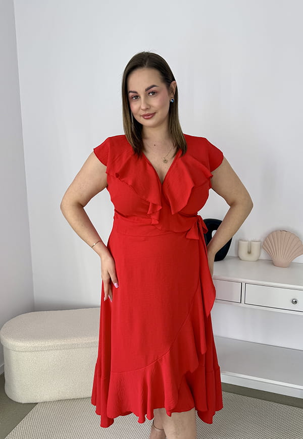 OLIVIA KOPERTOWA ROZKLOSZOWANA SUKIENKA PLUS SIZE Z FALBANAMI. CZERWONA 07 image 2