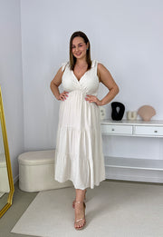 BOW WISKOZOWA SUKIENKA PLUS SIZE NA RAMIĄCZKACH Z ROZKLOSZOWANYM DOŁEM I KOKARDAMI. KREMOWA 02 image 5