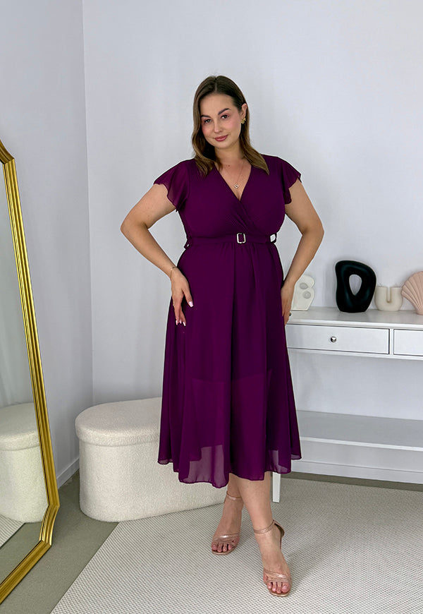 SISI ELEGANCKA SUKIENKA Z PLISOWANĄ GÓRĄ Z PASKIEM. ŚLIWKA 01 image 3