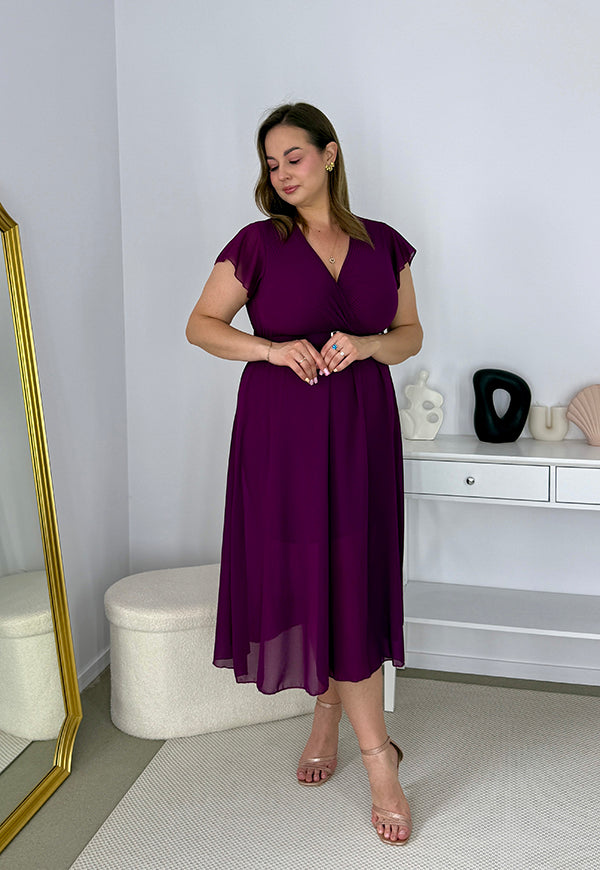 SISI ELEGANCKA SUKIENKA Z PLISOWANĄ GÓRĄ Z PASKIEM. ŚLIWKA 01 image 4