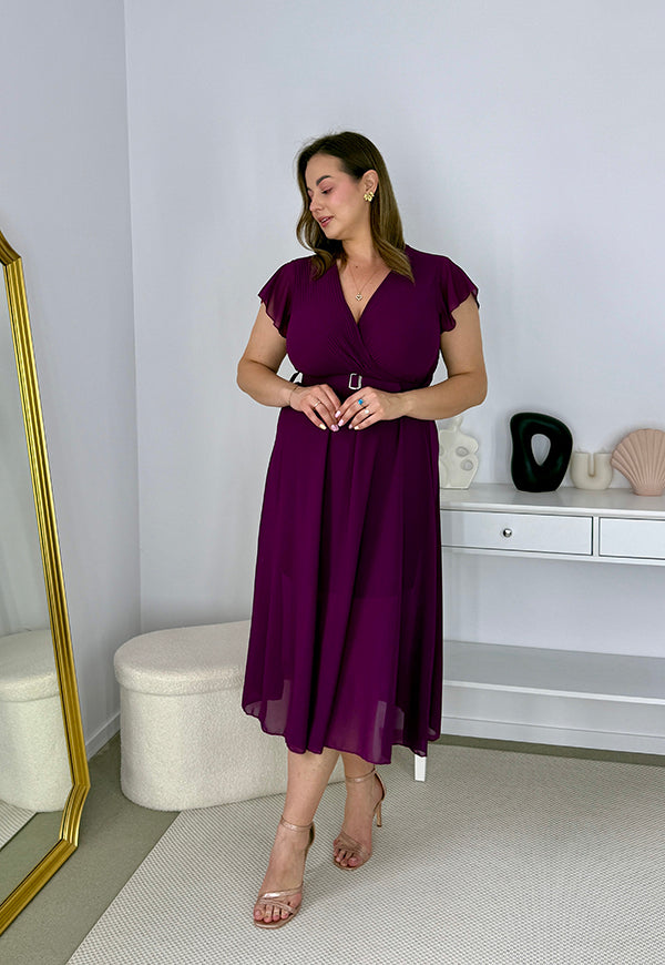 SISI ELEGANCKA SUKIENKA Z PLISOWANĄ GÓRĄ Z PASKIEM. ŚLIWKA 01 image 7