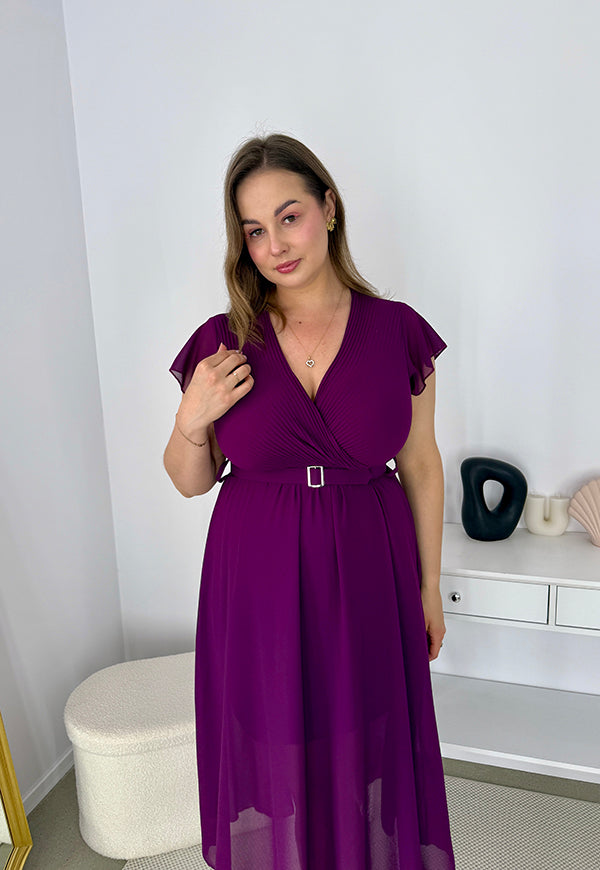 SISI ELEGANCKA SUKIENKA Z PLISOWANĄ GÓRĄ Z PASKIEM. ŚLIWKA 01 image 2