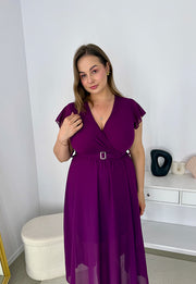 SISI ELEGANCKA SUKIENKA Z PLISOWANĄ GÓRĄ Z PASKIEM. ŚLIWKA 01 image 2