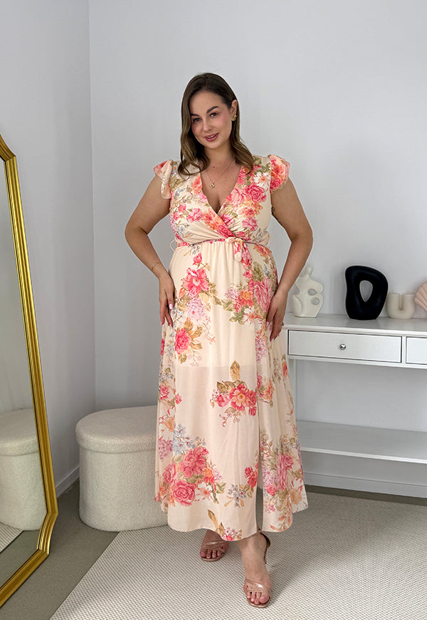 SIDNEY SUKIENKA MAXI PLUS SIZE  SZYFONOWA W KWIATY.BEŻOWO/BRZOSKWIONIOWA 01