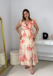 SIDNEY SUKIENKA MAXI PLUS SIZE  SZYFONOWA W KWIATY.BEŻOWO/BRZOSKWIONIOWA 01