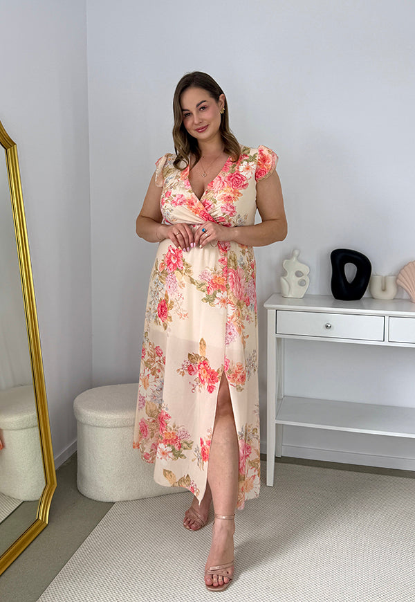 SIDNEY SUKIENKA MAXI PLUS SIZE  SZYFONOWA W KWIATY.BEŻOWO/BRZOSKWIONIOWA 01 image 6