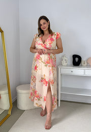 SIDNEY SUKIENKA MAXI PLUS SIZE  SZYFONOWA W KWIATY.BEŻOWO/BRZOSKWIONIOWA 01 image 6