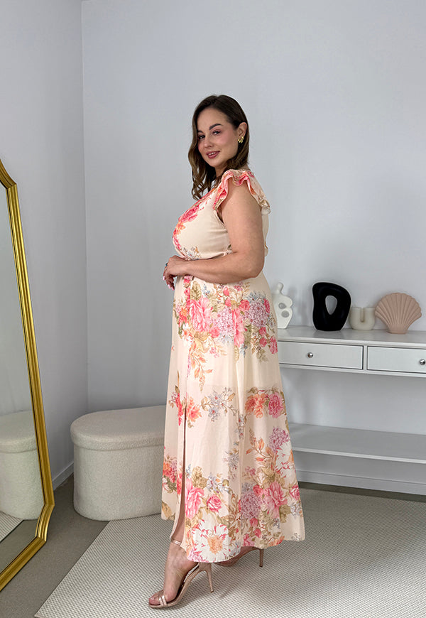 SIDNEY SUKIENKA MAXI PLUS SIZE  SZYFONOWA W KWIATY.BEŻOWO/BRZOSKWIONIOWA 01 image 7