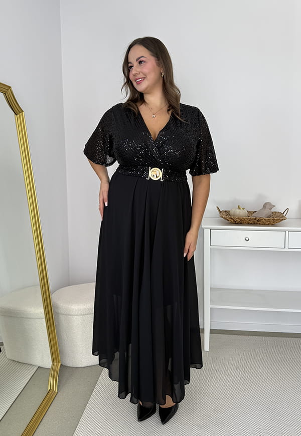 GRACY MAXI SUKIENKA DŁUGA PLUS SIZE Z SZYFONOWYM DOŁEM I CEKINAMI. CZARNA 03 image 3