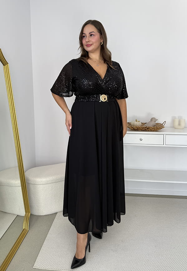 GRACY MAXI SUKIENKA DŁUGA PLUS SIZE Z SZYFONOWYM DOŁEM I CEKINAMI. CZARNA 03 image 4