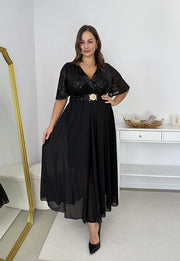 GRACY MAXI SUKIENKA DŁUGA PLUS SIZE Z SZYFONOWYM DOŁEM I CEKINAMI. CZARNA 03 image 6